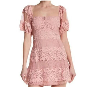NWT Free People Dusty Pale Pink Lace Square Neck Short Sleeve Mini Dress Size XS